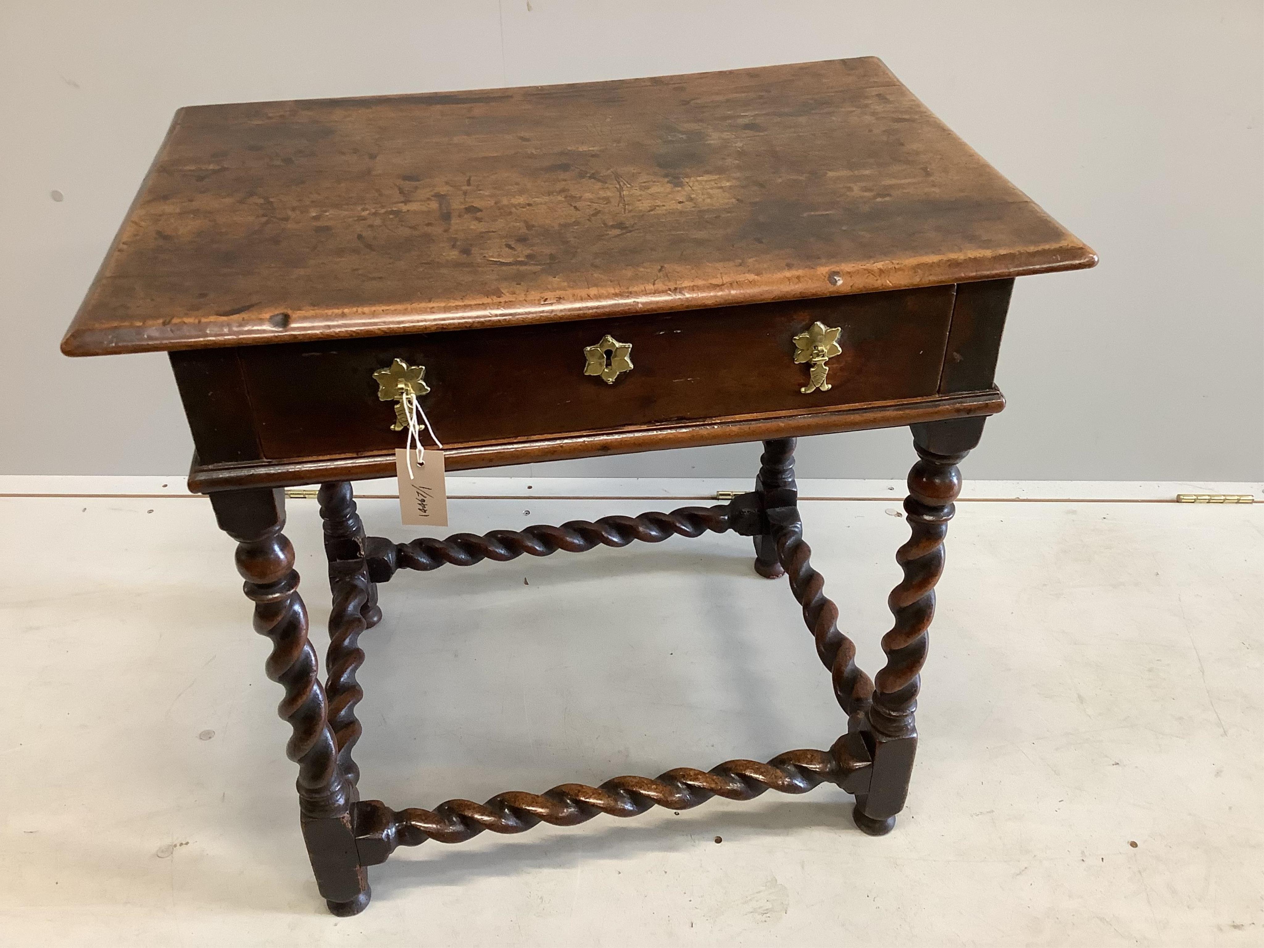 An 18th century walnut side table, width 71cm, depth 48cm, height 68cm. Condition - good